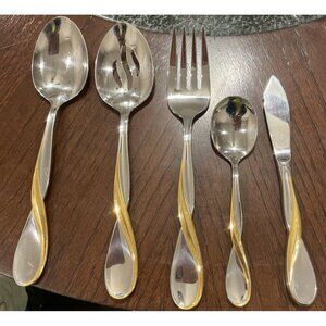 Oneida‎ USA Golden Aquarius Stainless Steel 5 Piece Hostess Set Spoon Fork Knife